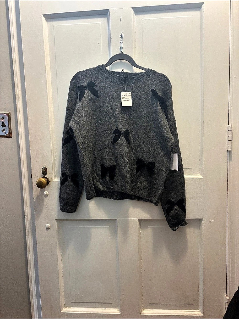 Nordstrom Charcoal Gray & Black Velvet Bow Sweater NWT